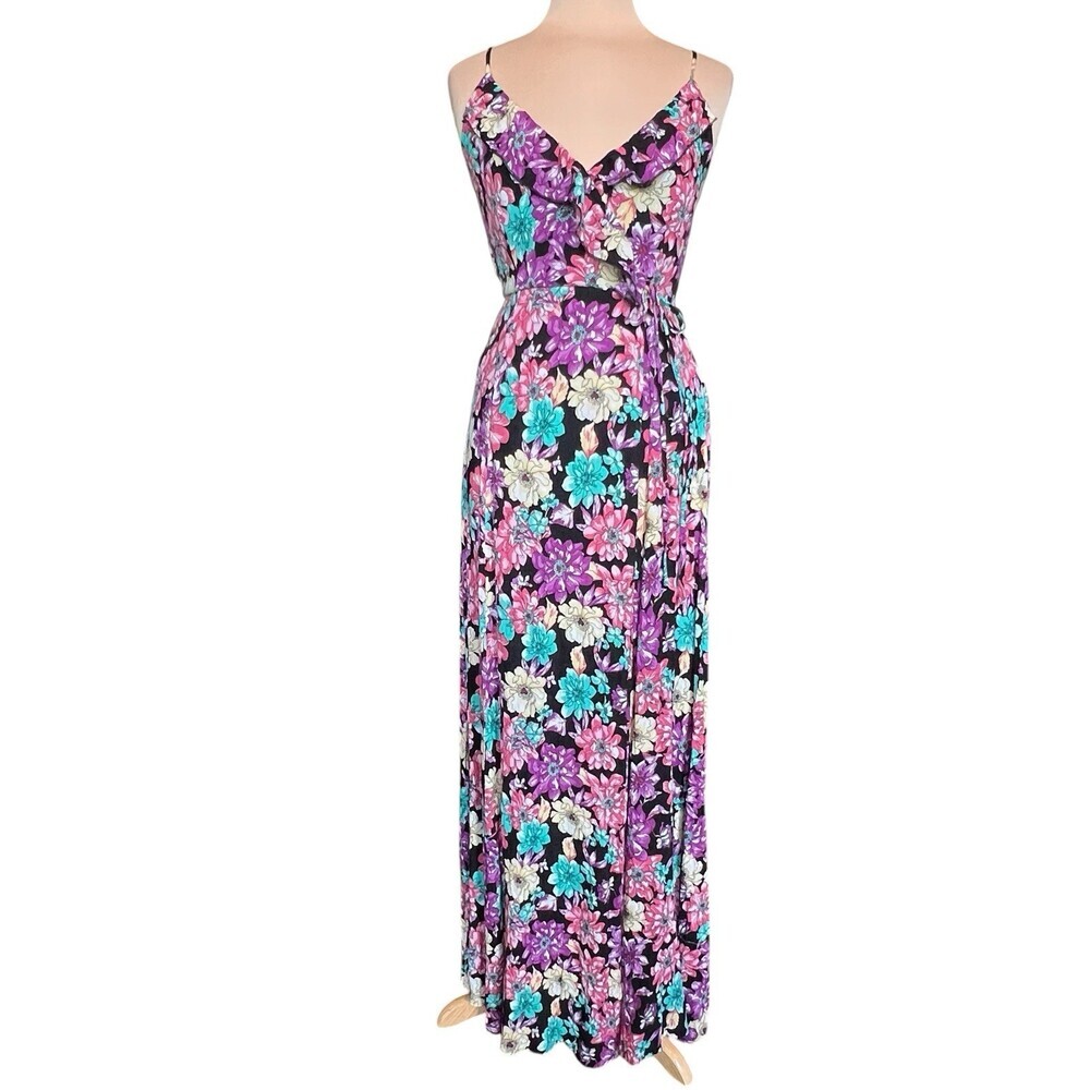 NWT Olivia Grey Floral Maxi Wrap Dress Small Black Pink Purple Ruffle Sleeveless